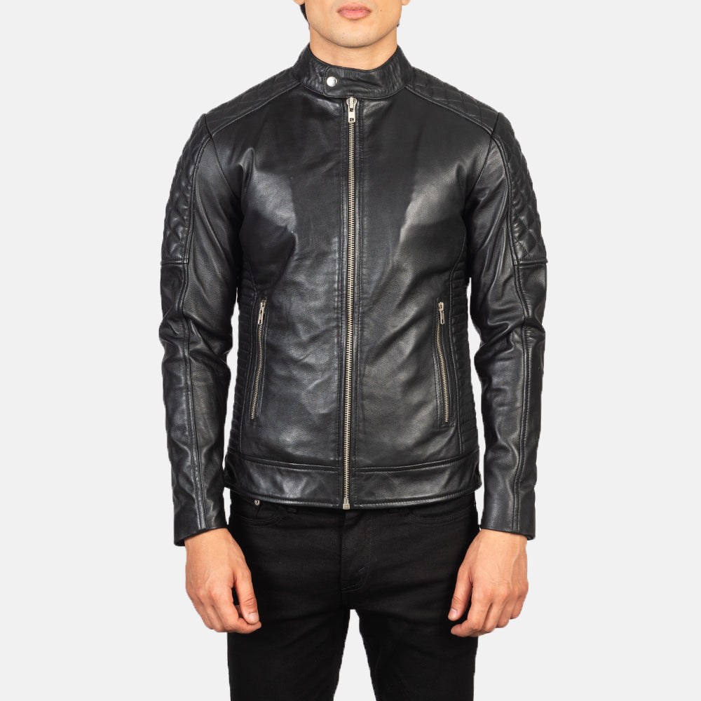 Vue détaillée of Band Collar &amp; Zipper Hardware on Men's Fernando Quilted Brown Suede Biker Jacket