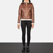 Women's Fiona Brown Hooded Shearling Leather Jacket - Vue de profil avec coupe de manche ergonomique