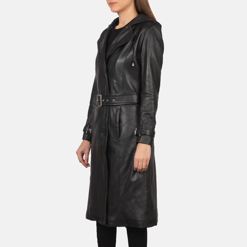 
Vue détaillée of Hooded & Button + Belt Hardware on Fixon Hooded Noir Trench-coat en Cuir pour Femme