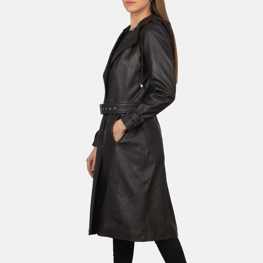 Brown Sheepskin Leather Trench Coat - Vue arrière montrant la carrure ajustée et l'ourlet net