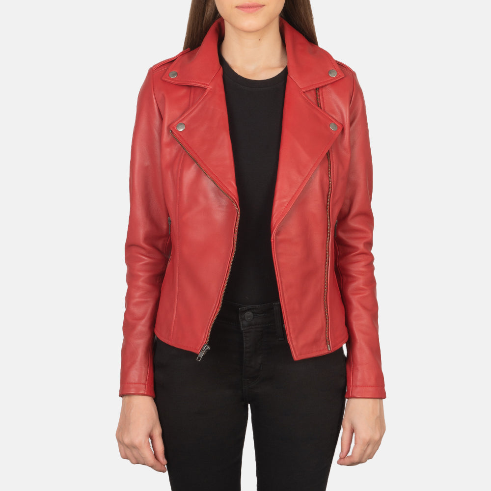 Women's Flashback Red Leather Biker Jacket - Vue de profil avec coupe de manche ergonomique