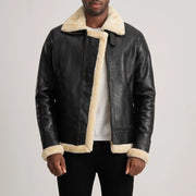 
Francis B-3 Black Leather Bomber Jacket in Black Sheepskin Leather - Vue de face & silhouette ajustée | Acheter en ligne