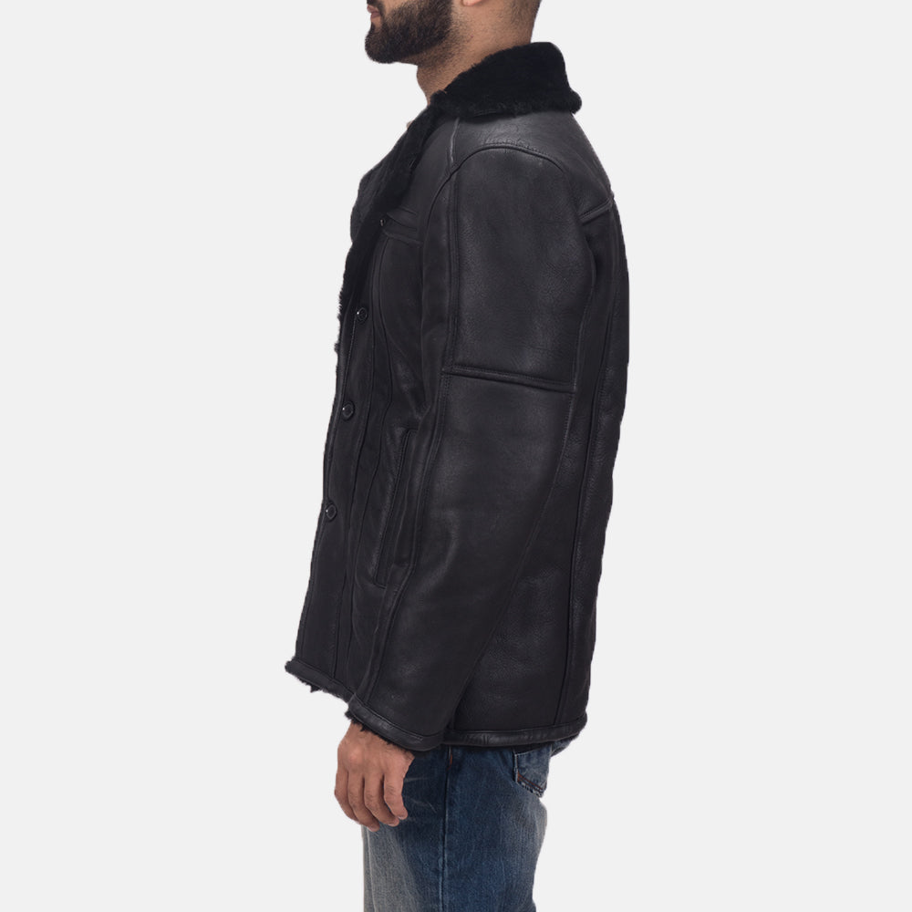 
Black Shearling Leather (Double Face) Aviator Jacket - Vue arrière montrant la carrure ajustée et l'ourlet net