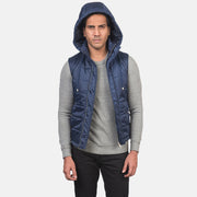 
Vue détaillée of Band with Removable Hood & Zipper with dual puller and wind flap Hardware on Fuston Bleu Doudoune sans manches à capuche pour Homme