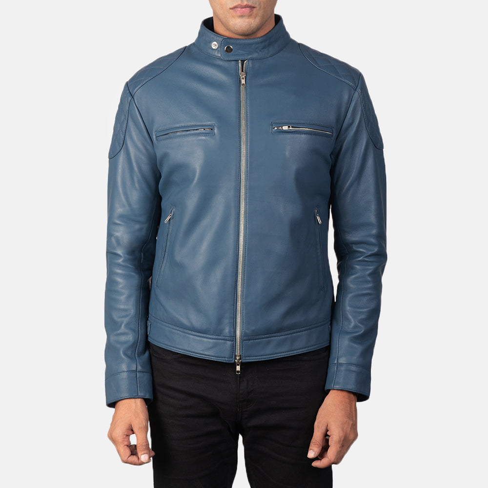 Men's Gatsby Quilted Blue Leather Biker Jacket - Vue de profil avec coupe de manche ergonomique