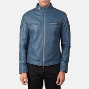 Men's Gatsby Quilted Blue Leather Biker Jacket - Vue de profil avec coupe de manche ergonomique