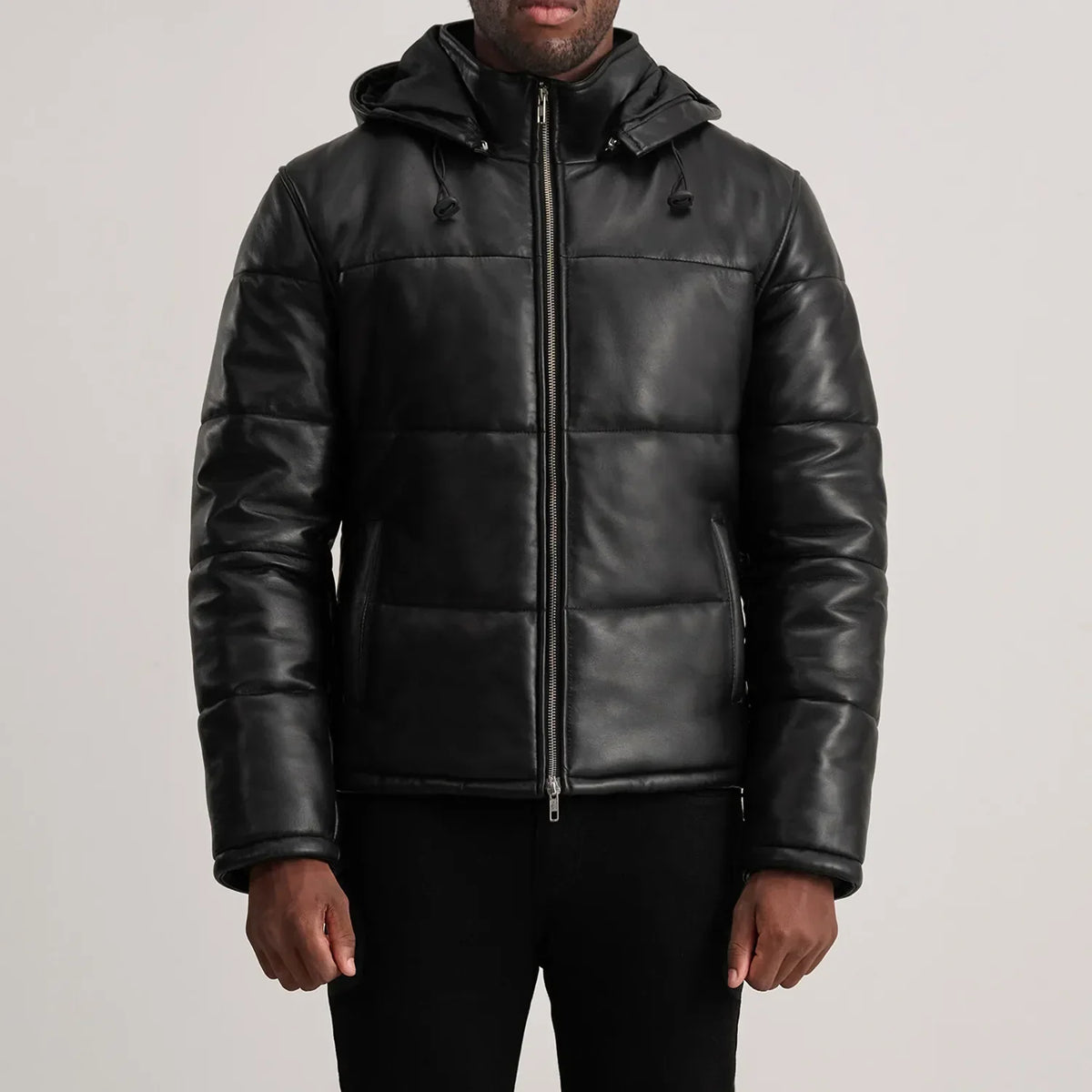 
Vue détaillée of High neck & Zipper Hardware on Gordon Tan Hooded Leather Puffer Jacket