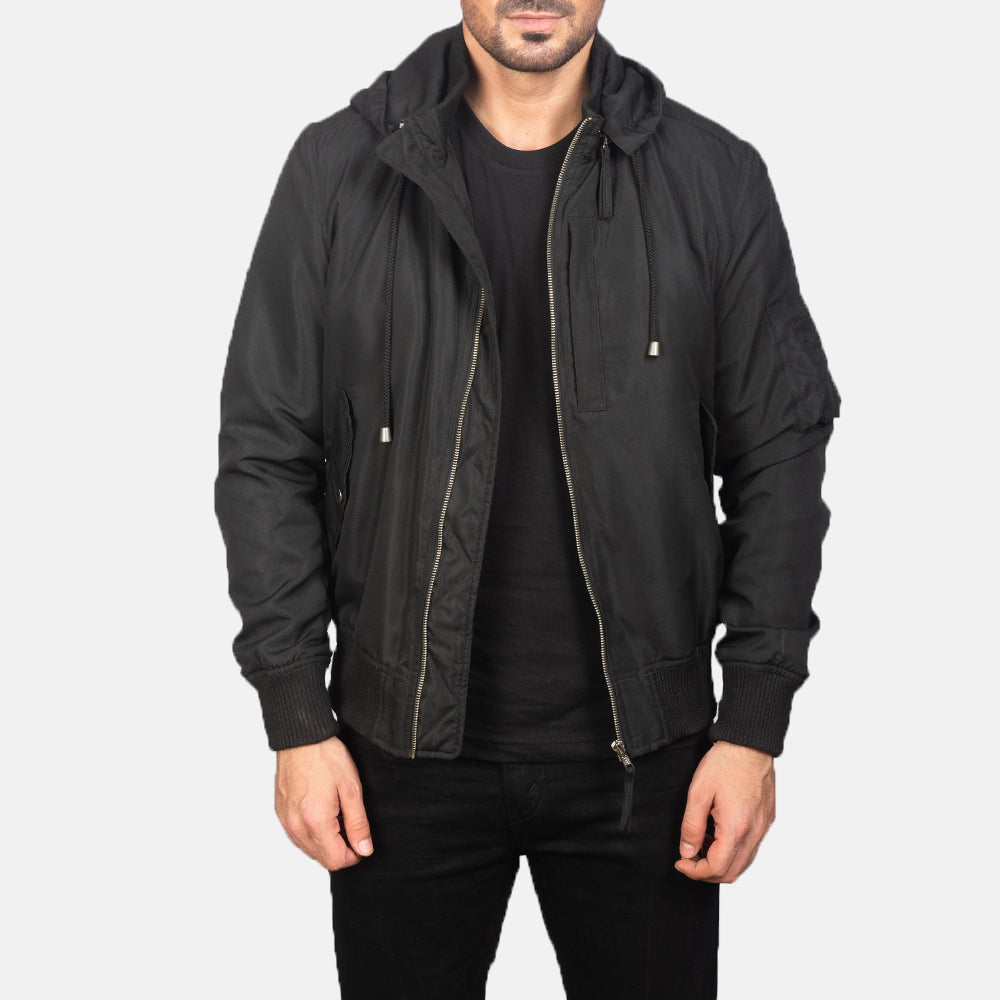 
Hanklin Ma-1 Black Hooded Bomber Jacket in Black Polyester - Vue de face & silhouette ajustée | Acheter en ligne