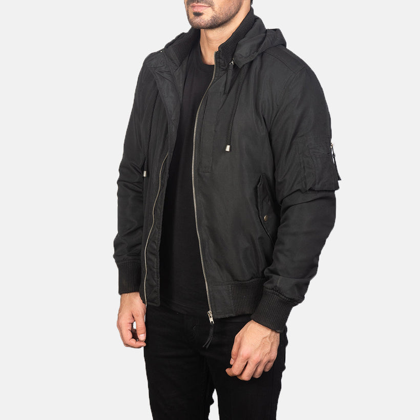 Hanklin MA-1 Noir Hooded Blouson Bomber en Cuir pour Homme