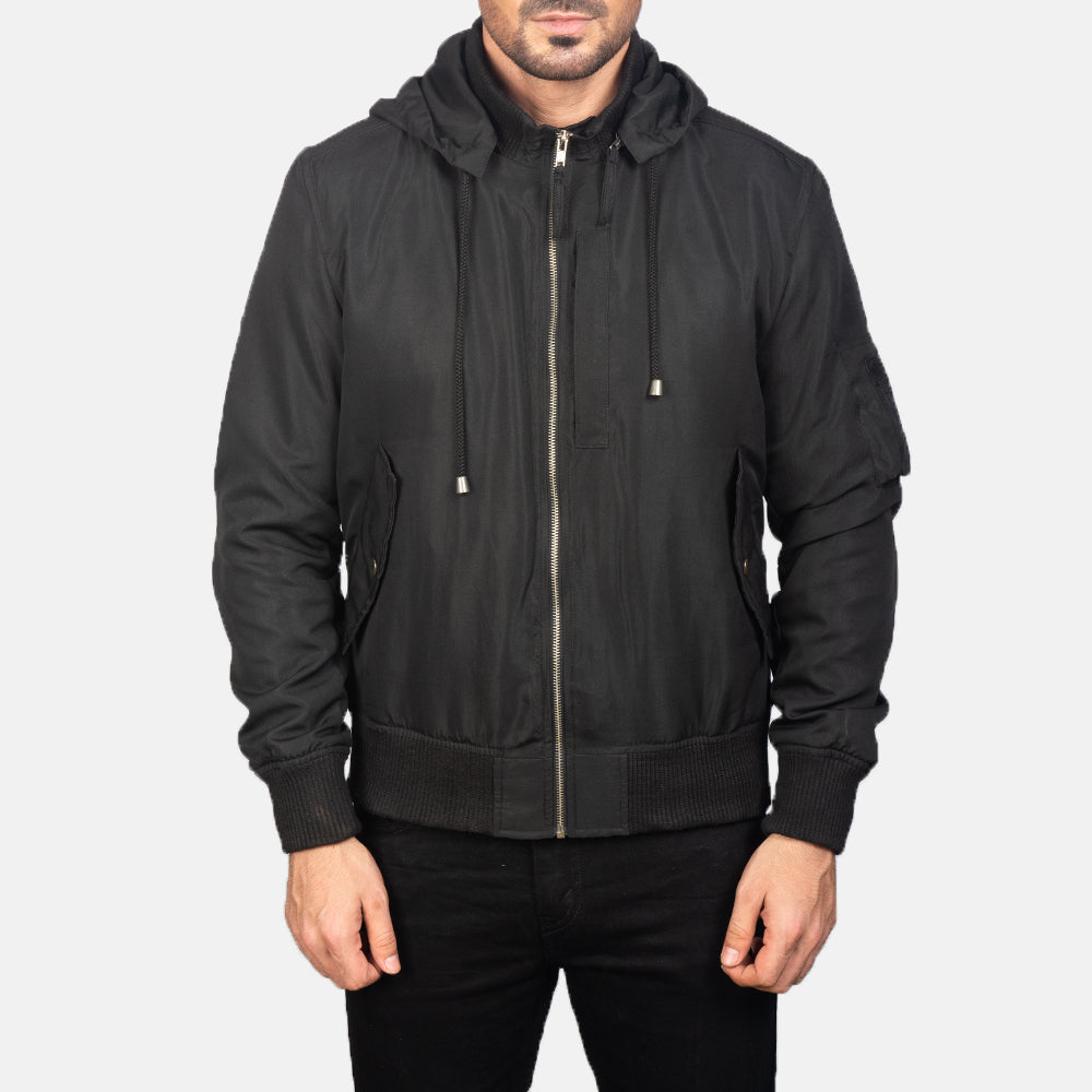 
Vue détaillée of Knit Rib with Removable Polyester Hood & Zipper Hardware on Hanklin Ma-1 Black Hooded Bomber Jacket