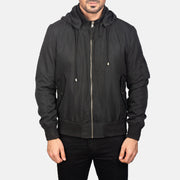 
Vue détaillée of Knit Rib with Removable Polyester Hood & Zipper Hardware on Hanklin Ma-1 Black Hooded Bomber Jacket