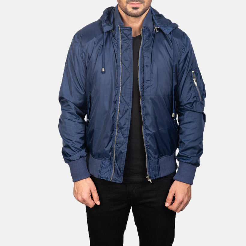 Hanklin MA-1 Bleu Hooded Blouson Bomber en Cuir pour Homme