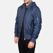 
Blue Nylon Bomber Jacket - Vue arrière montrant la carrure ajustée et l'ourlet net