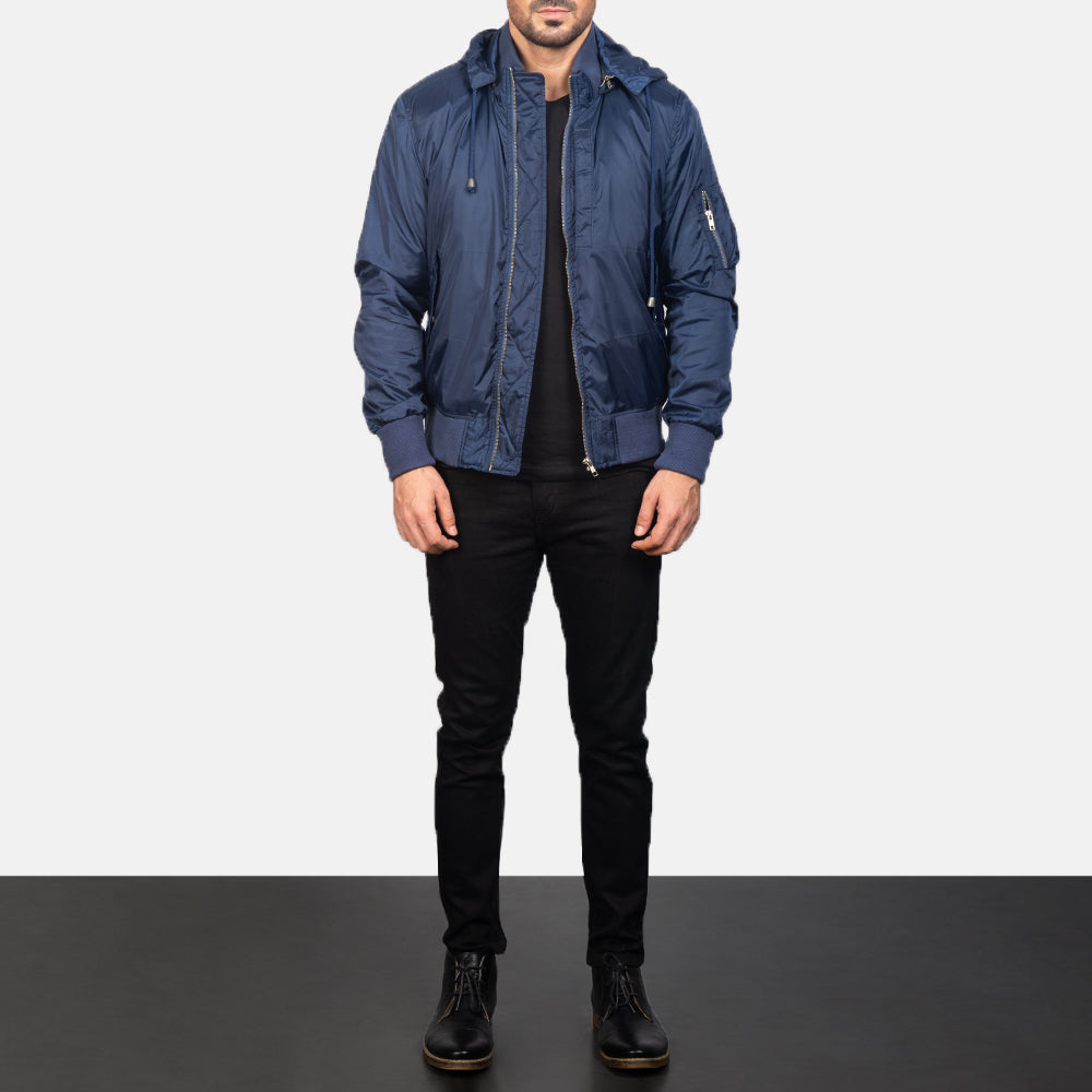
Blue Hooded Bomber Jacket - Vue de profil mettant en valeur la coupe de manche ergonomique