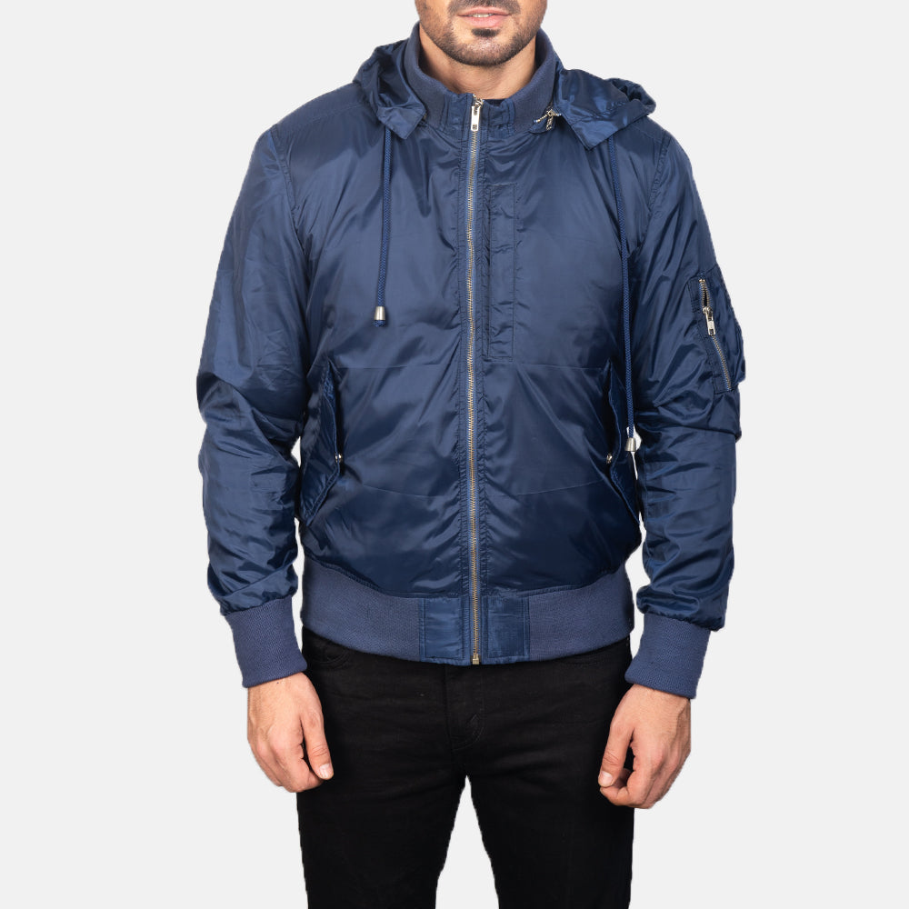 
Vue détaillée of Knit Rib with Removable Nylon Hood & Zipper Hardware on Blue Hooded Bomber Jacket