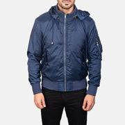 
Vue détaillée of Knit Rib with Removable Nylon Hood & Zipper Hardware on Blue Hooded Bomber Jacket