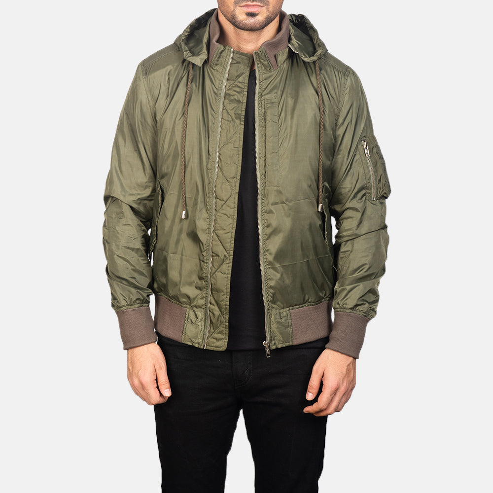 Men's Hanklin Ma-1 Green Hooded Bomber Jacket in Green Nylon - Vue de face &amp; silhouette ajustée | Acheter en ligne