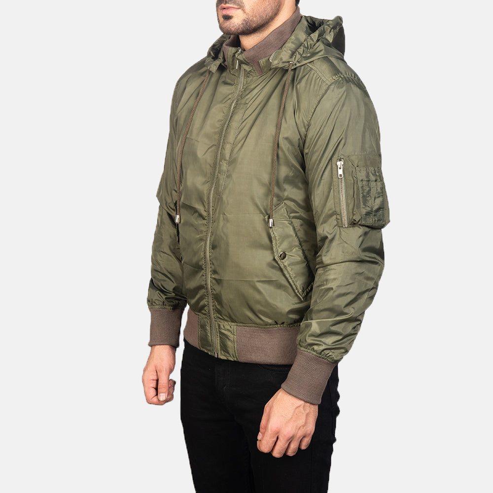 Green Nylon Bomber Jacket - Vue de dos avec coupe ajustée aux épaules &amp; ourlet soigné