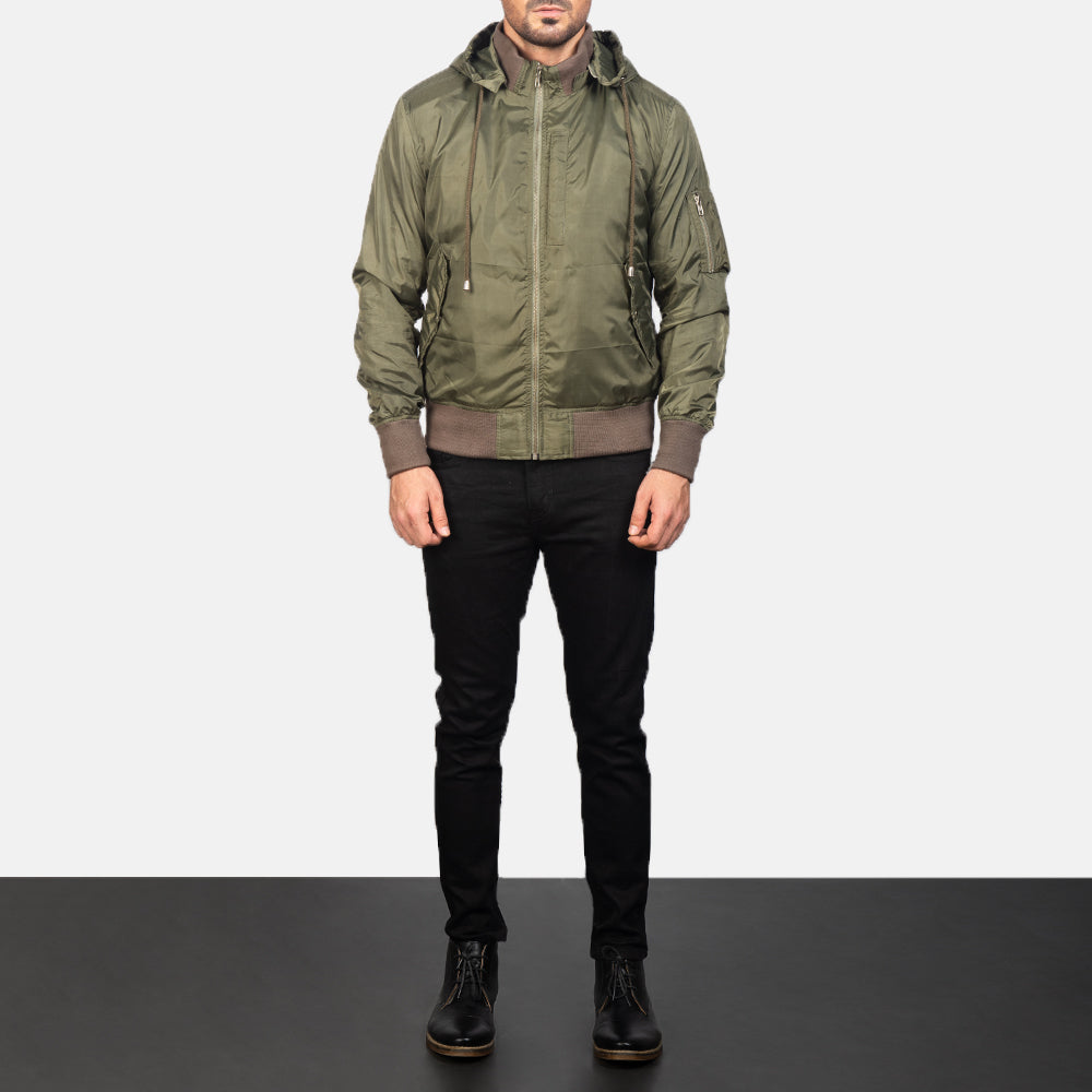 Men's Hanklin Ma-1 Green Hooded Bomber Jacket - Vue de profil avec coupe de manche ergonomique