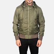 Vue détaillée of Knit Rib with Removable Nylon Hood &amp; Zipper Hardware on Men's Hanklin Ma-1 Green Hooded Bomber Jacket
