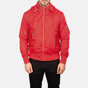 Vue détaillée of Knit Rib with Removable Nylon Hood &amp; Zipper Hardware on Men's Hanklin Ma-1 Red Hooded Bomber Jacket