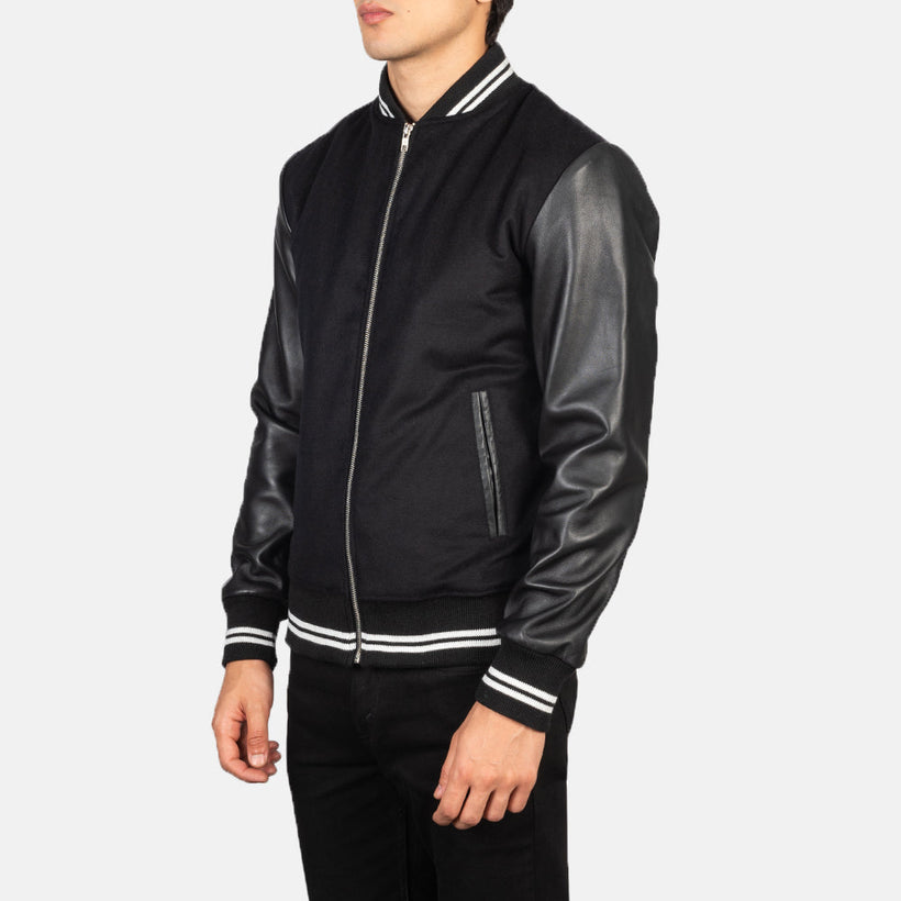 Harrison Noir Hybrid Varsity Veste en Cuir pour Homme