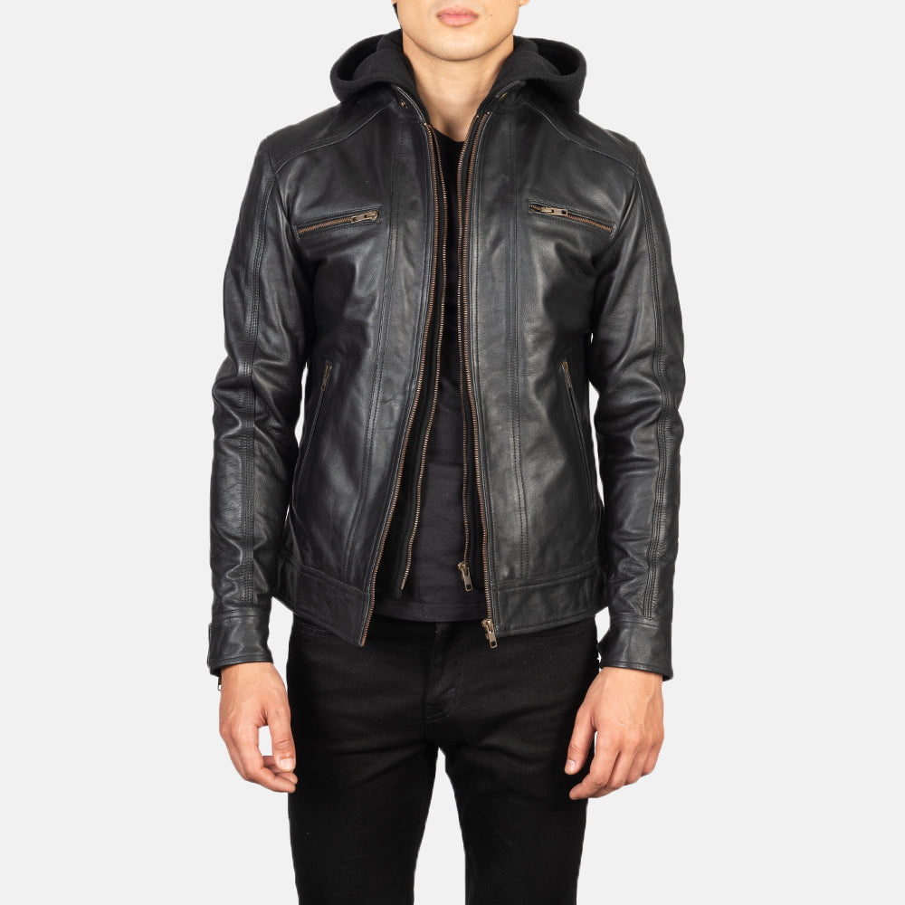 Men's Hector Noir Hooded Veste Motard en Cuir pour Homme in Black Cowhide Leather - Vue de face &amp; silhouette ajustée | Acheter en ligne