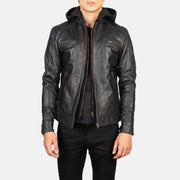 Men's Hector Noir Hooded Veste Motard en Cuir pour Homme in Black Cowhide Leather - Vue de face &amp; silhouette ajustée | Acheter en ligne