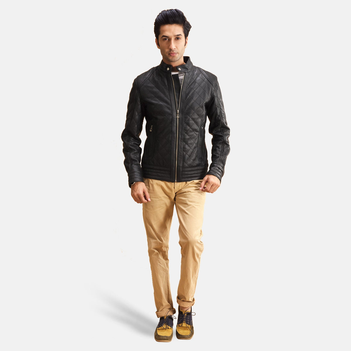 Henry Matelassé Noir Veste en Cuir pour Homme - Vue de profil avec coupe de manche ergonomique