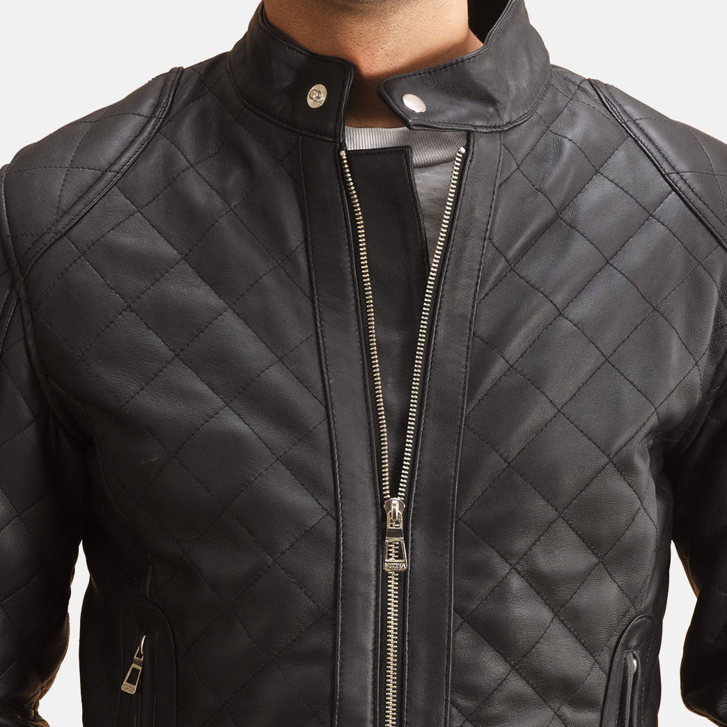 Vue détaillée of Band with Snap Button &amp; Zipper Hardware on Henry Matelassé Noir Veste en Cuir pour Homme