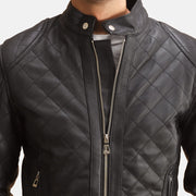 Vue détaillée of Band with Snap Button &amp; Zipper Hardware on Henry Matelassé Noir Veste en Cuir pour Homme