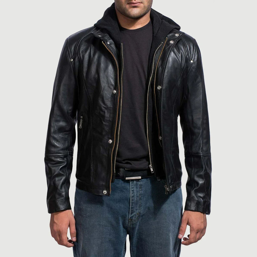 Highschool Noir Hooded Veste en Cuir pour Homme