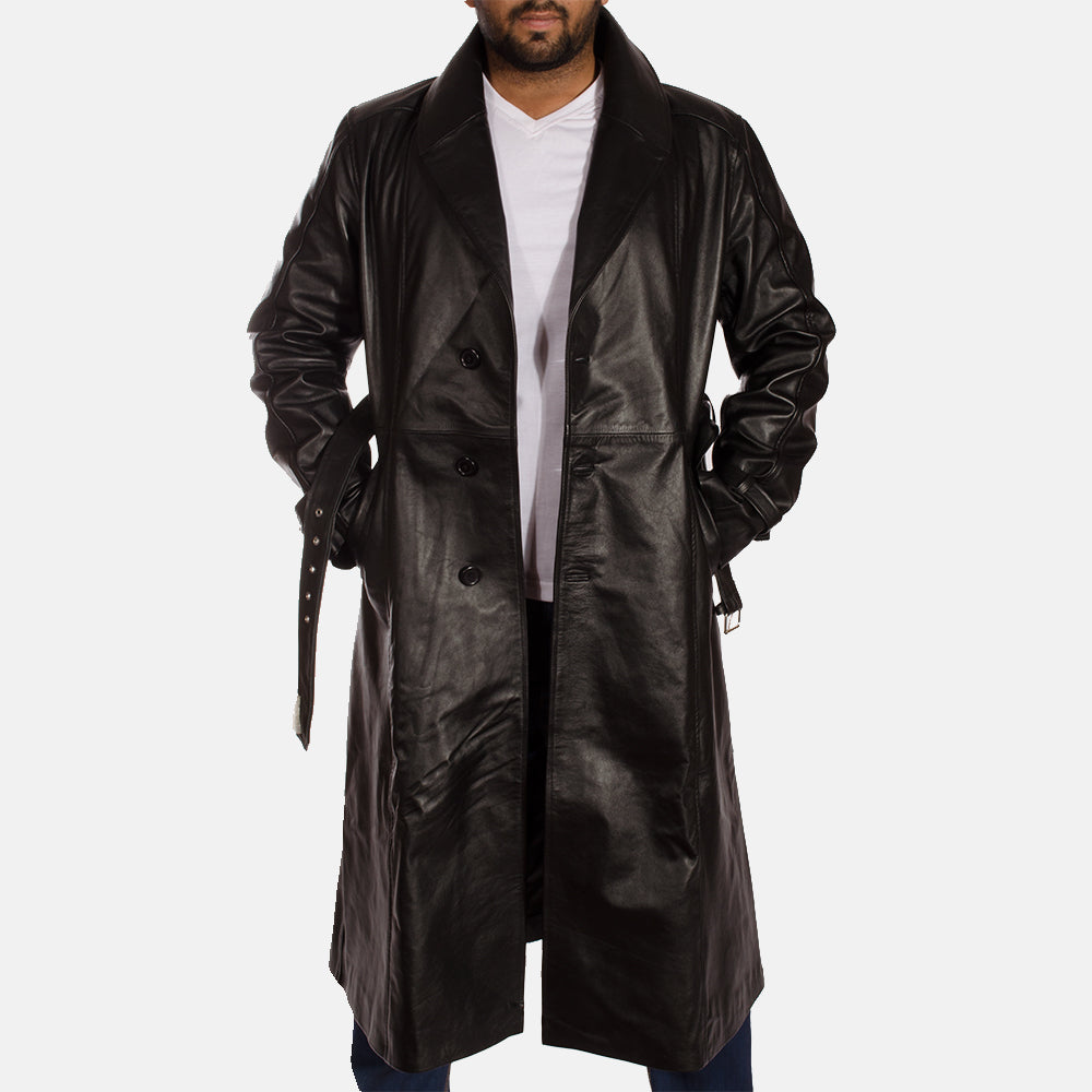 
Hooligan Noir Trench-coat en Cuir pour Homme - Vue de profil mettant en valeur la coupe de manche ergonomique