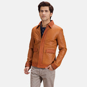 Hubert Camel Marron Veste en Cuir pour Homme in Tan Brown Sheepskin Leather - Vue de face &amp; silhouette ajustée | Acheter en ligne