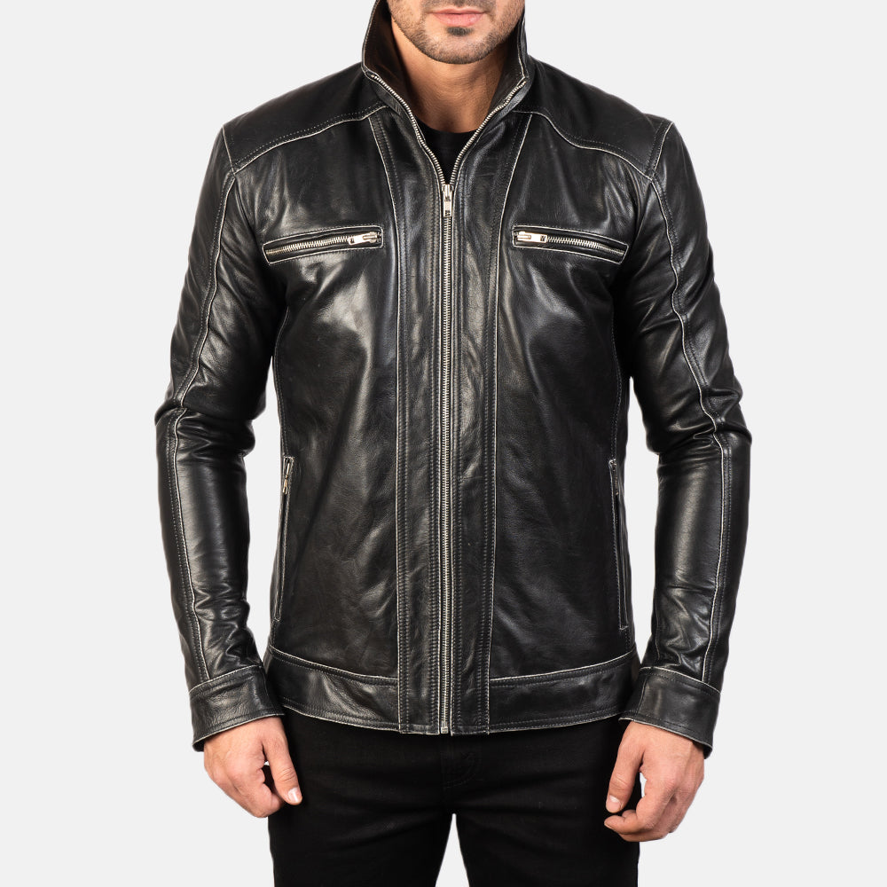 Vue détaillée of High neck Band &amp; Zipper Hardware on Hudson Black Leather Biker Jacket