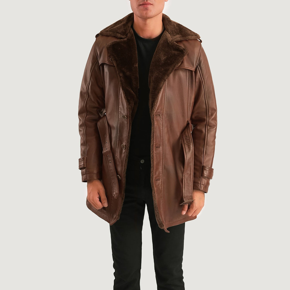 Men's Hunter Patine Usée Marron Fur Manteau en Cuir pour Homme - Vue de profil avec coupe de manche ergonomique