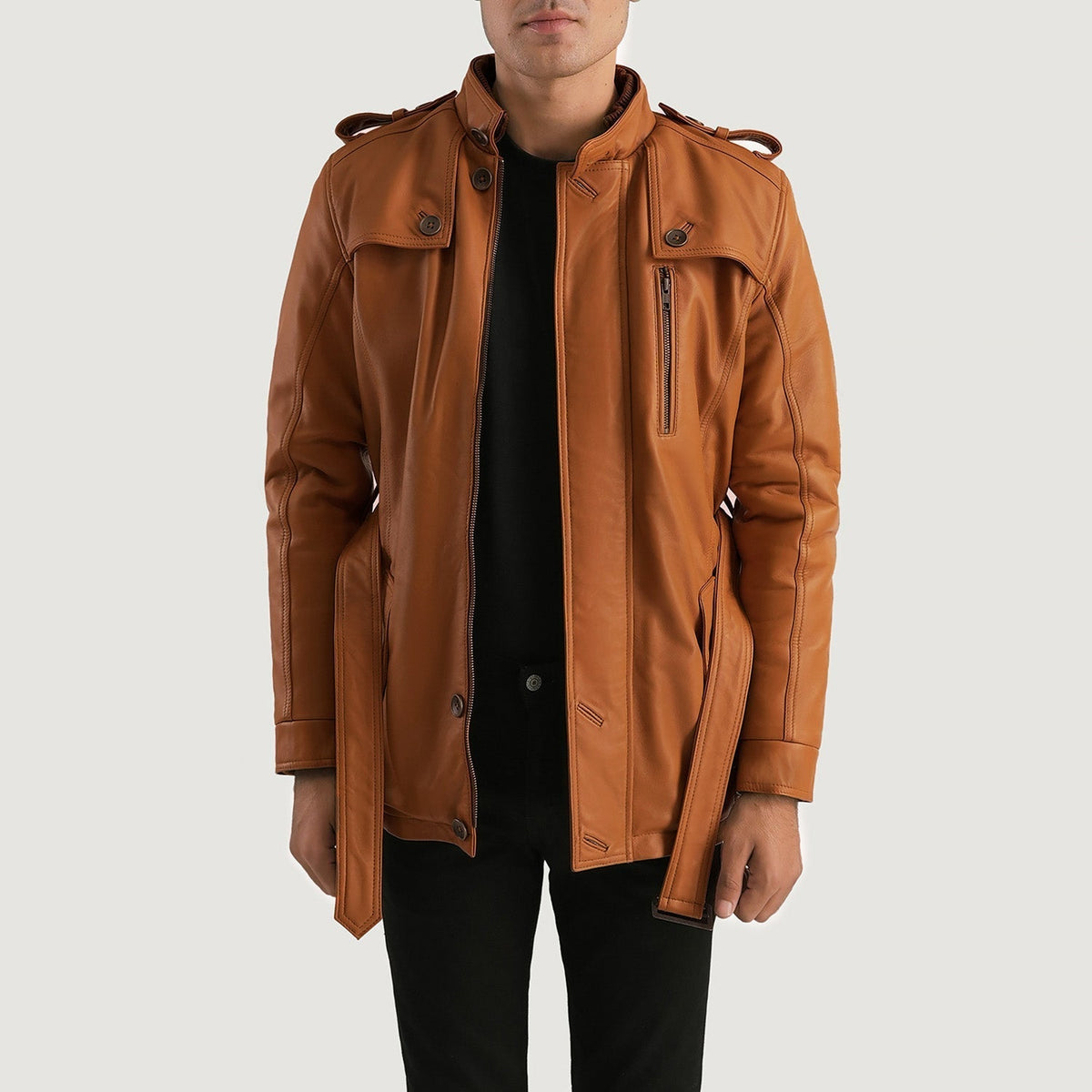 Hunter Camel Marron Fur Veste en Cuir pour Homme in Tan Brown Sheepskin Leather - Vue de face &amp; silhouette ajustée | Acheter en ligne