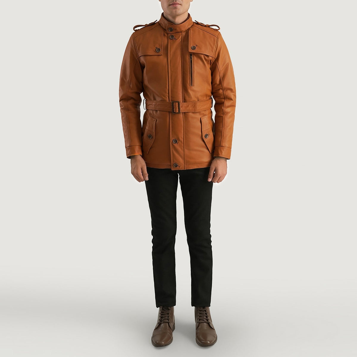 Hunter Camel Marron Fur Veste en Cuir pour Homme - Vue de profil avec coupe de manche ergonomique