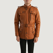Vue détaillée of Band (Buttoned) &amp; Zipper with Button Flap Hardware on Hunter Camel Marron Fur Veste en Cuir pour Homme