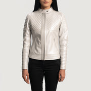 
Ice Maiden Silver Matelassé Veste Motard en Cuir pour Femme in Silver Sheepskin Leather - Vue de face & silhouette ajustée | Acheter en ligne