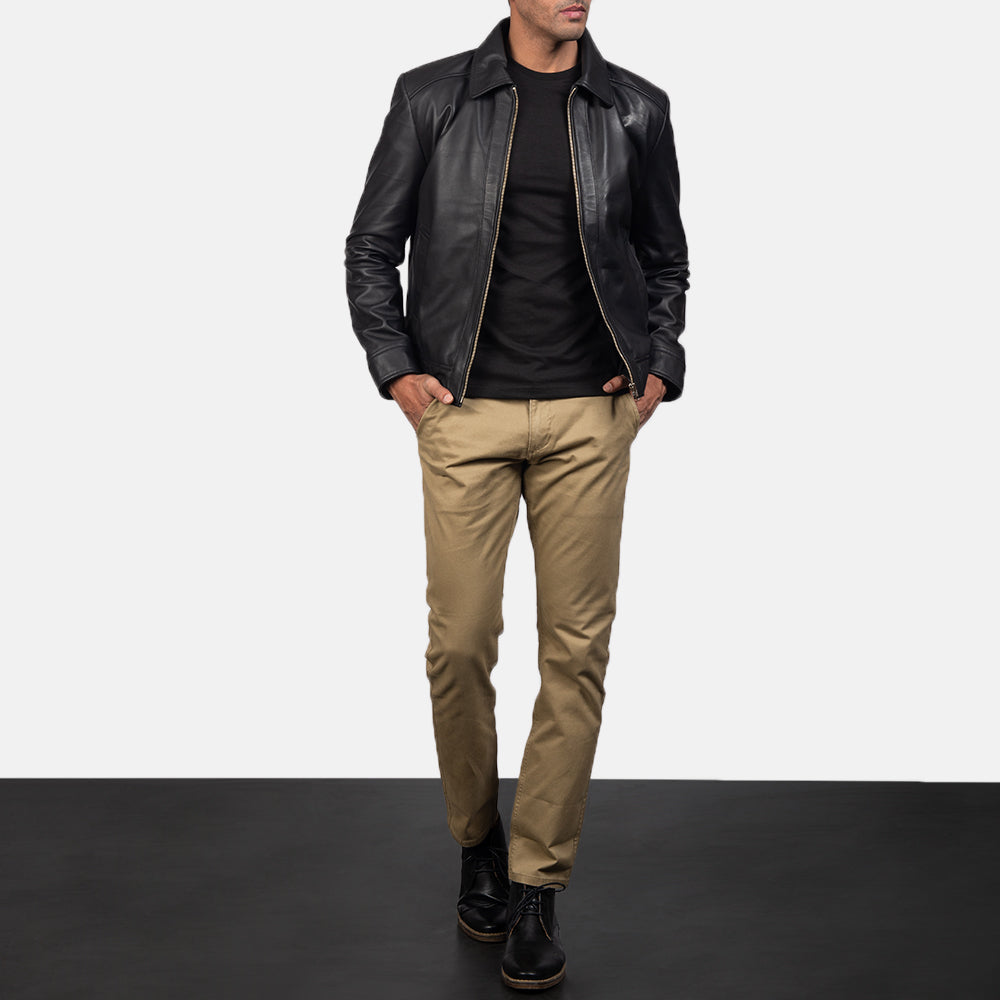 Vue détaillée of Shirt &amp; Zipper Hardware on Men's Inferno Marron Veste en Cuir pour Homme