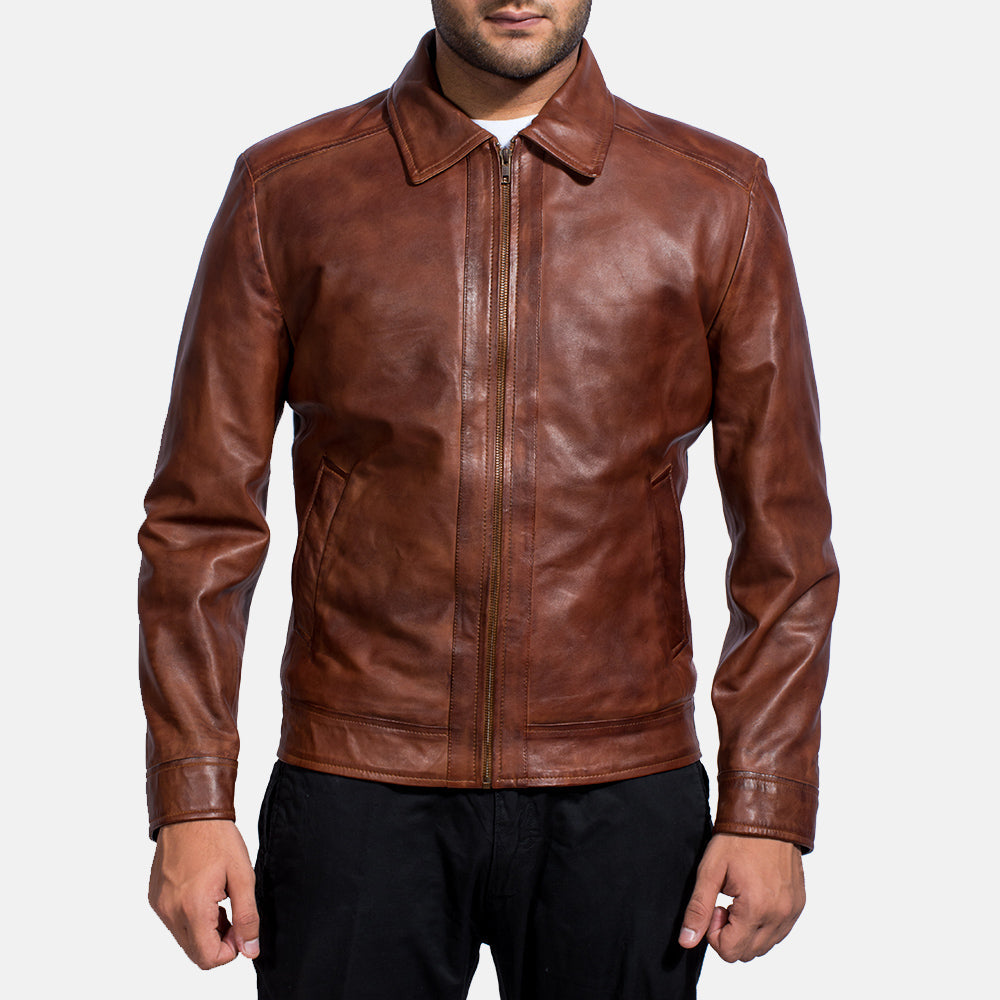 Open hem &amp; Hem Craftsmanship Construction Detail on Men's Inferno Marron Veste en Cuir pour Homme
