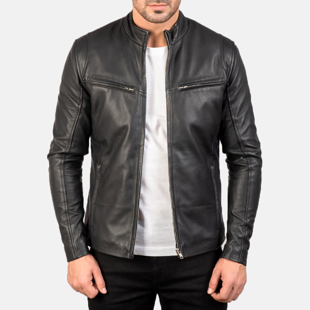 Men's Ionic Black Leather Jacket in Black Sheepskin Leather - Vue de face &amp; silhouette ajustée | Acheter en ligne