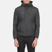 
Vue détaillée of High Neck with Hood & Zipper with wind flap Hardware on Jimmy Noir Hooded Windbreaker Veste en Cuir pour Homme