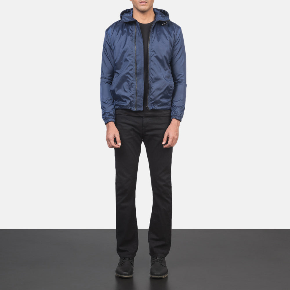 
Jimmy Bleu Hooded Windbreaker Veste en Cuir pour Homme - Vue de profil mettant en valeur la coupe de manche ergonomique