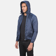 
Vue détaillée of High Neck with Hood & Zipper with wind flap Hardware on Jimmy Bleu Hooded Windbreaker Veste en Cuir pour Homme