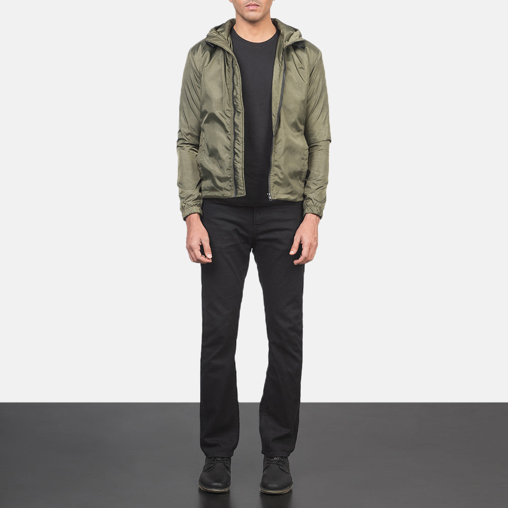Men's Jimmy Vert Hooded Windbreaker Veste en Cuir pour Homme - Vue de profil avec coupe de manche ergonomique