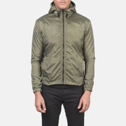 Vue détaillée of High Neck with Hood &amp; Zipper with wind flap Hardware on Men's Jimmy Vert Hooded Windbreaker Veste en Cuir pour Homme