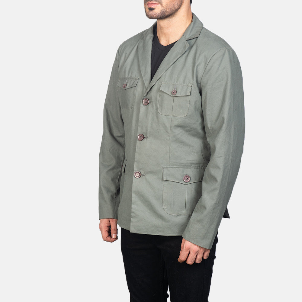 Grey Poly-Cotton Leather Blazer - Vue de dos avec coupe ajustée aux épaules &amp; ourlet soigné