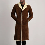 
Vue détaillée of Notch & Button Hardware on Kolby Brown Suede Shearling Long Coat